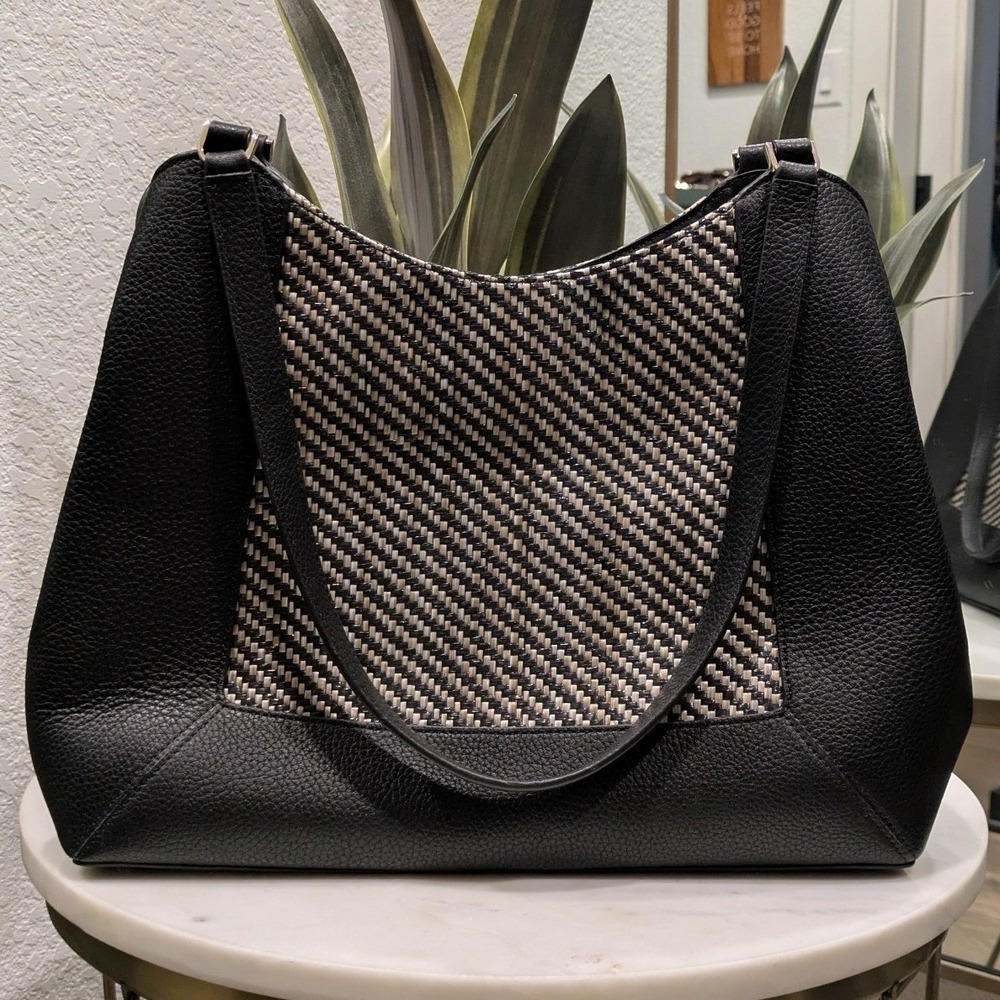 Kate Spade Lena Straw Triple Compartment Shoulder Bag Black Pebbled Leather - Picture 4 of 11